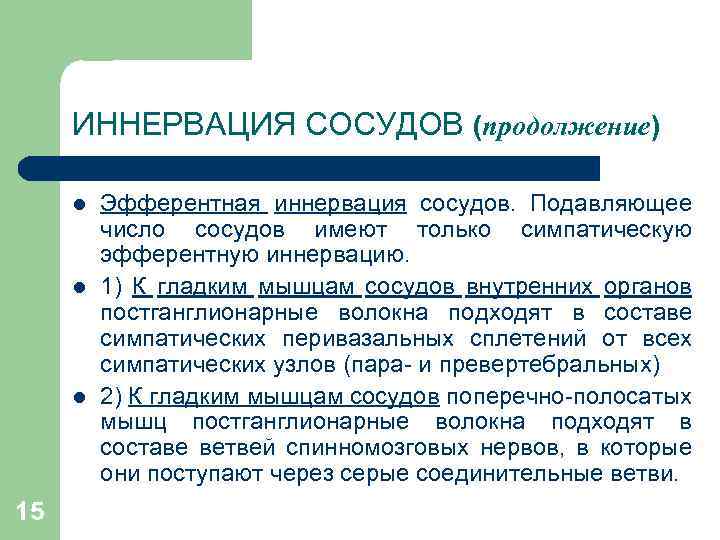 ИННЕРВАЦИЯ СОСУДОВ (продолжение) l l l 15 Эфферентная иннервация сосудов. Подавляющее число сосудов имеют