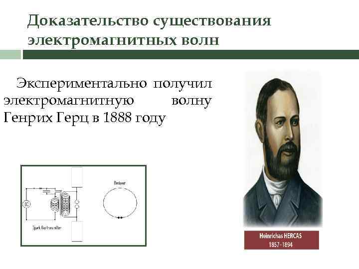 Доказал существование заряда. Генрих Герц 1888. Генрих Герц электромагнитные волны. Экспериментальное подтверждение электромагнитных волн Генрих Герц. Генрих Герц доказал существование электромагнитных волн.