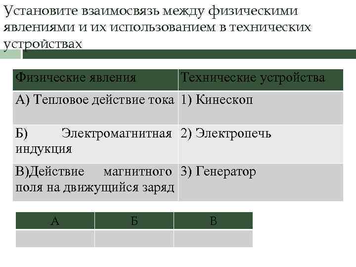 Установите взаимосвязь между физическими явлениями и их использованием в технических устройствах Физические явления Технические