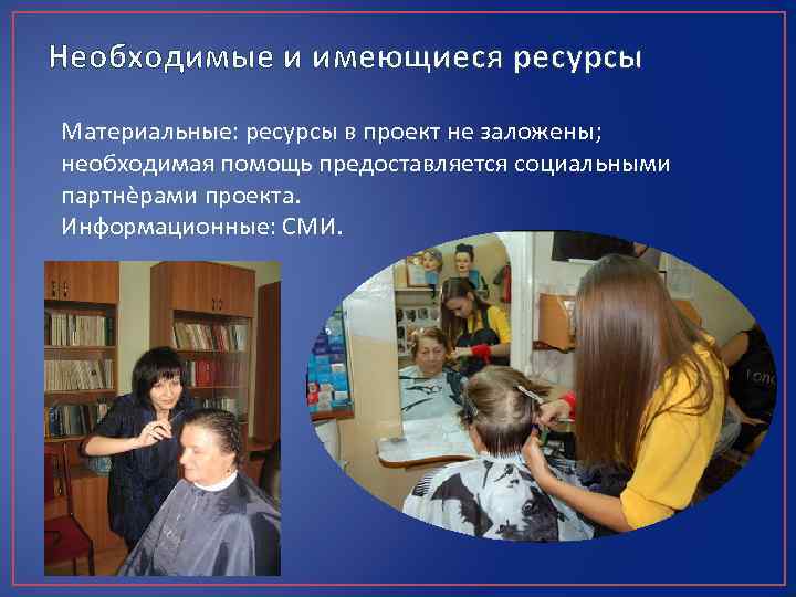 Необходимые и имеющиеся ресурсы Материальные: ресурсы в проект не заложены; необходимая помощь предоставляется социальными
