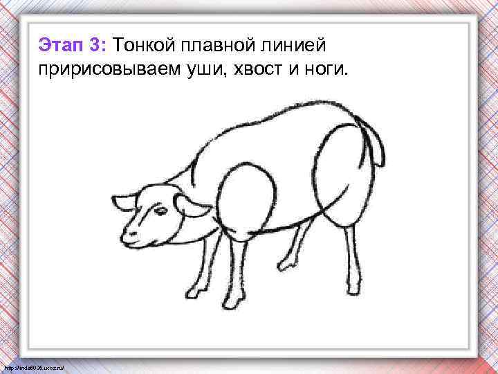 Этап 3: Тонкой плавной линией пририсовываем уши, хвост и ноги. http: //linda 6035. ucoz.