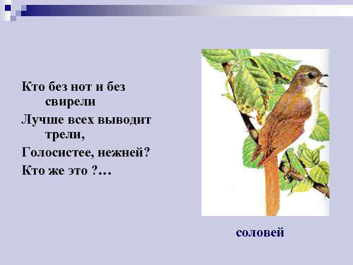 Кто без нот и без свирели Лучше всех выводит трели, Голосистее, нежней? Кто же