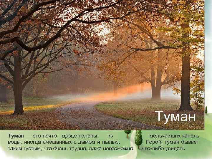 Туман — это нечто вроде пелены из воды, иногда смешанных с дымом и пылью.