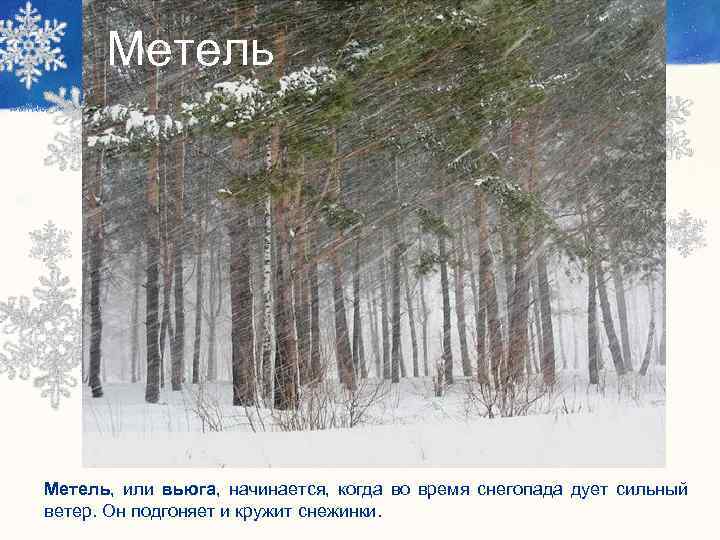 Метель, или вьюга, начинается, когда во время снегопада дует сильный ветер. Он подгоняет и