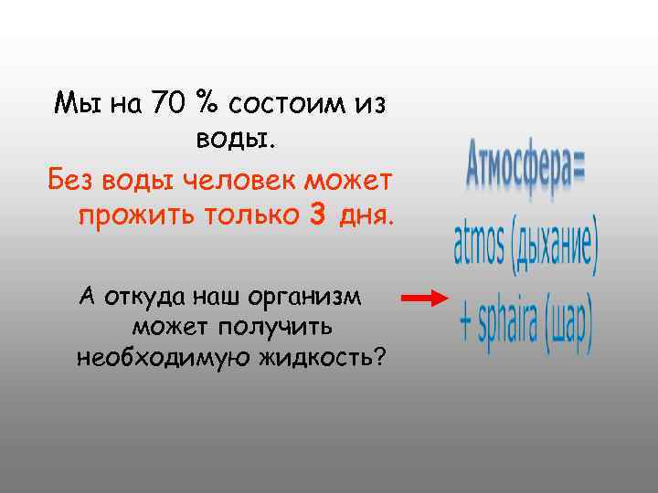 Мы на 70 % состоим из воды. Без воды человек может прожить только 3