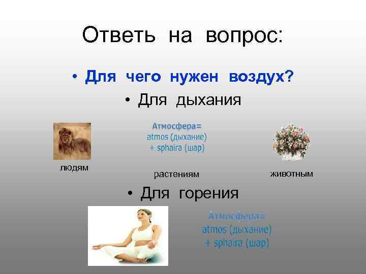 Ответь на вопрос: • Для чего нужен воздух? • Для дыхания людям растениям •