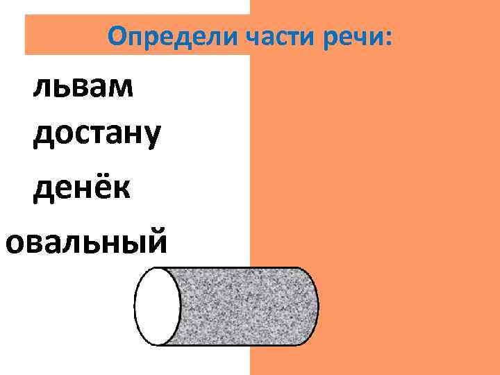 Определи части речи: львам сущ. достану гл. денёк сущ. овальный прил. 