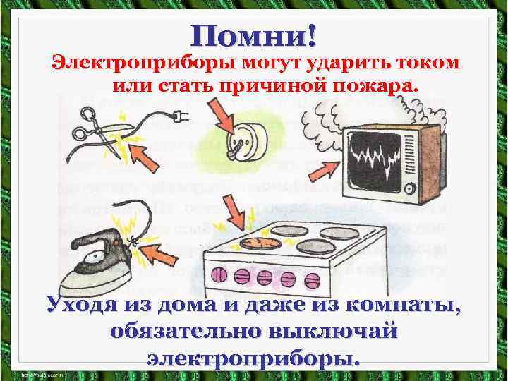 Помни! Электроприборы могут ударить током или стать причиной пожара. Уходя из дома и даже