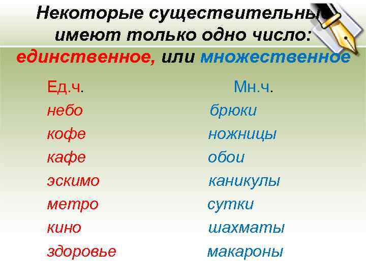 Некоторые существительные имеют только одно число: единственное, или множественное Ед. ч. небо кофе кафе