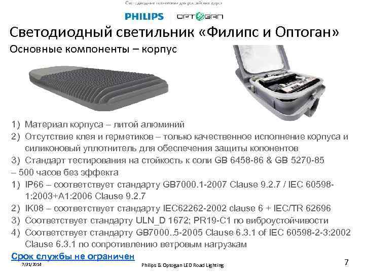 Cветодиодный светильник «Филипс и Оптоган» Основные компоненты – корпус 1) Материал корпуса – литой