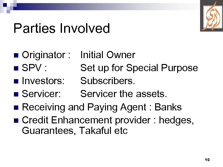 Parties Involved Originator : Initial Owner n SPV : Set up for Special Purpose
