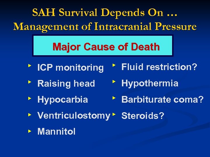 SAH Survival Depends On … Management of Intracranial Pressure Major Cause of Death ICP
