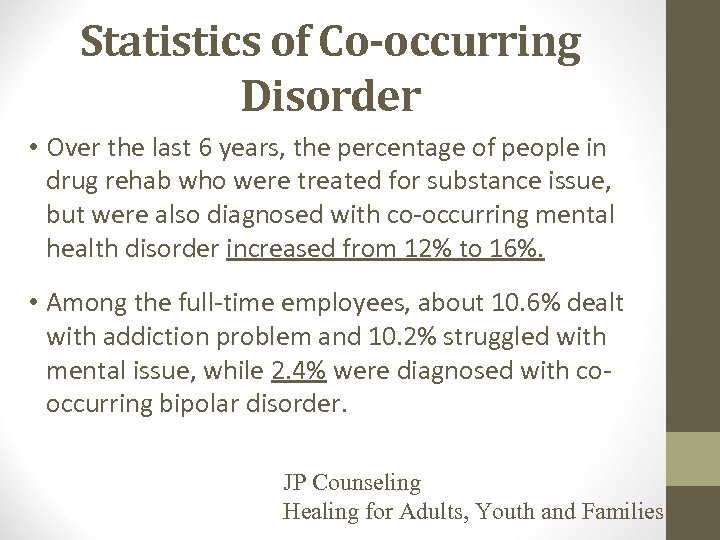 Statistics of Co-occurring Disorder • Over the last 6 years, the percentage of people