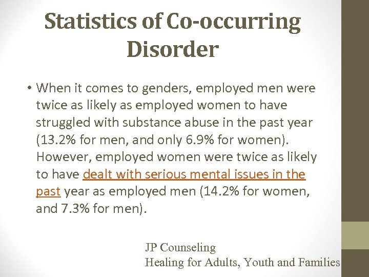 Statistics of Co-occurring Disorder • When it comes to genders, employed men were twice