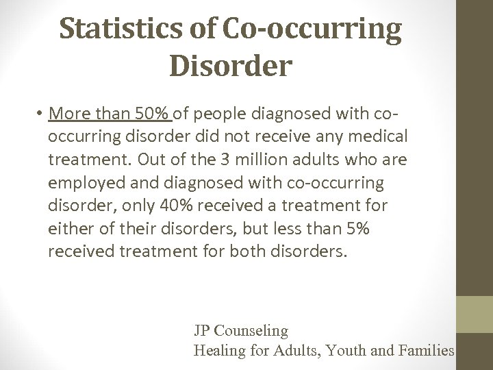 Statistics of Co-occurring Disorder • More than 50% of people diagnosed with cooccurring disorder