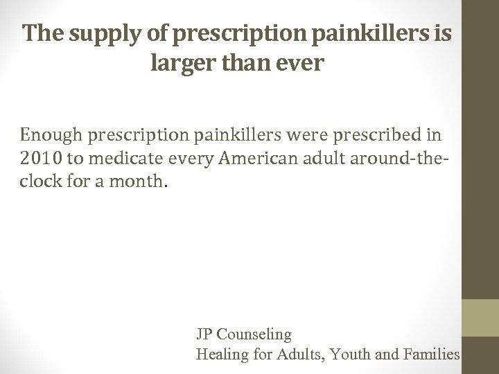The supply of prescription painkillers is larger than ever Enough prescription painkillers were prescribed