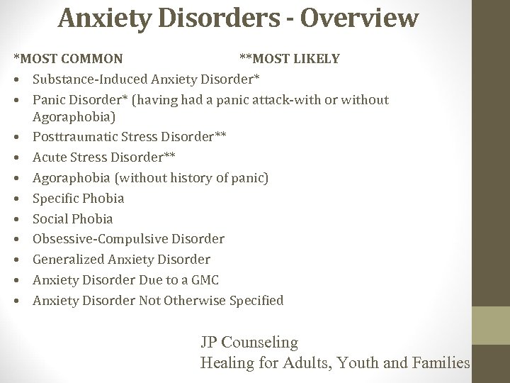 Anxiety Disorders - Overview *MOST COMMON **MOST LIKELY • Substance-Induced Anxiety Disorder* • Panic