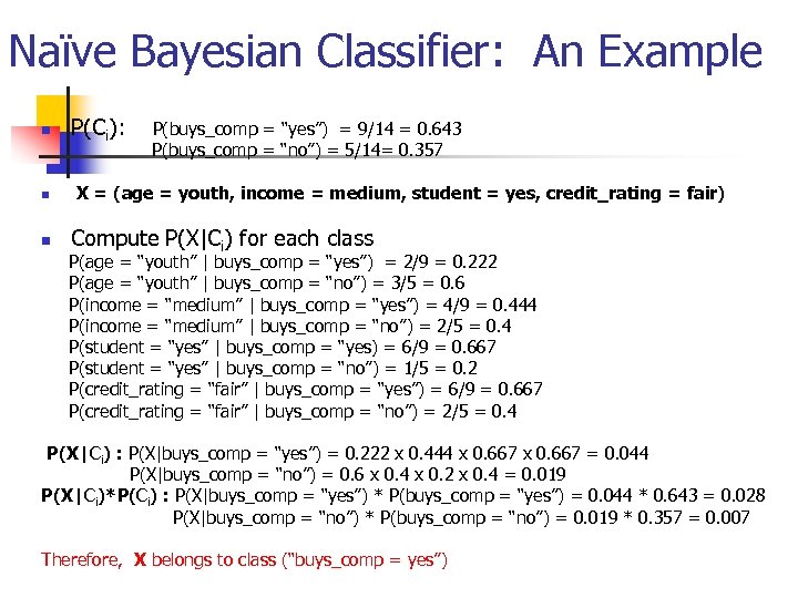 Naïve Bayesian Classifier: An Example n n n P(Ci): P(buys_comp = “yes”) = 9/14