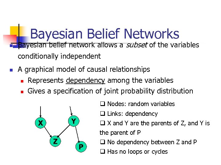 Bayesian Belief Networks n Bayesian belief network allows a subset of the variables conditionally