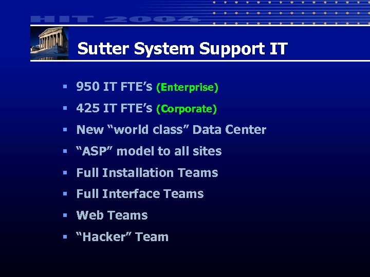 Sutter System Support IT § 950 IT FTE’s (Enterprise) § 425 IT FTE’s (Corporate)