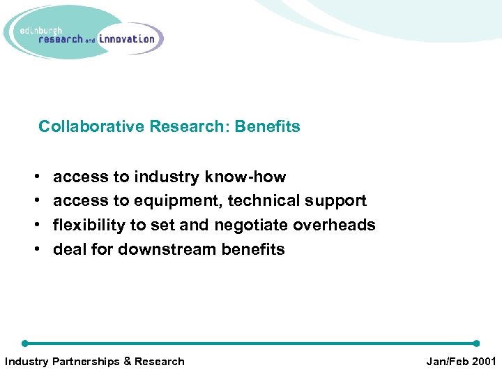 Collaborative Research: Benefits • • access to industry know-how access to equipment, technical support