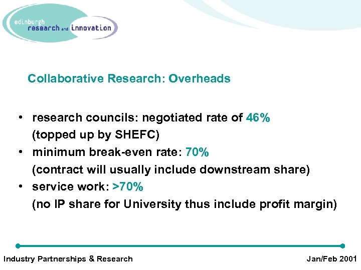 Collaborative Research: Overheads • research councils: negotiated rate of 46% (topped up by SHEFC)