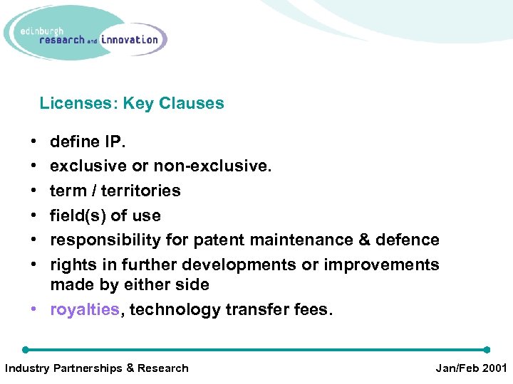 Licenses: Key Clauses • • • define IP. exclusive or non-exclusive. term / territories