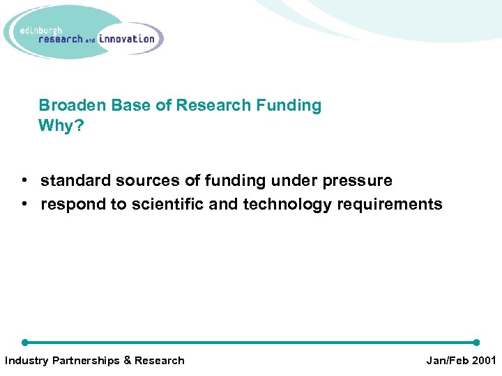 Broaden Base of Research Funding Why? • standard sources of funding under pressure •