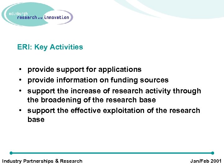 ERI: Key Activities • provide support for applications • provide information on funding sources