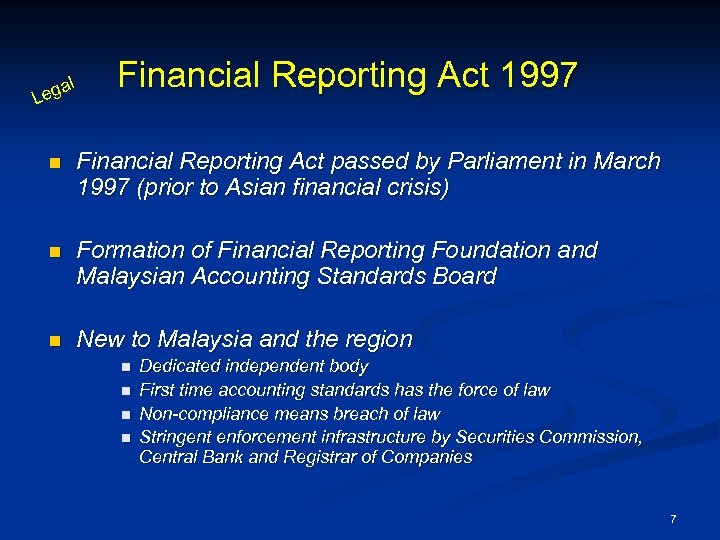 l ega L Financial Reporting Act 1997 n Financial Reporting Act passed by Parliament