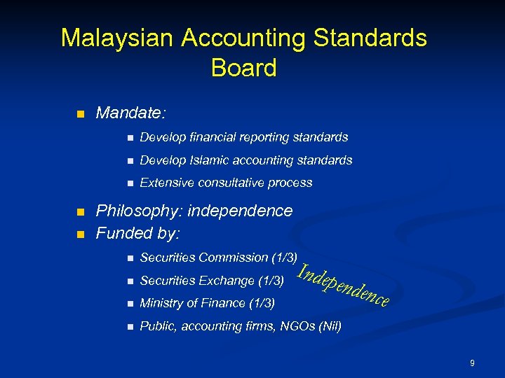 Malaysian Accounting Standards Board n Mandate: n n n Develop Islamic accounting standards n
