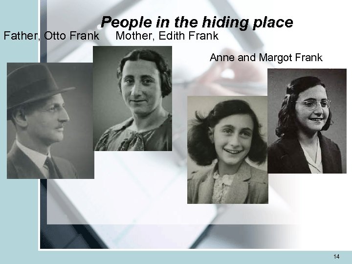 Father, Otto Frank People in the hiding place Mother, Edith Frank Anne and Margot