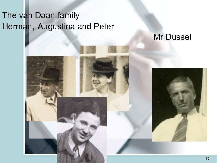The van Daan family Herman, Augustina and Peter Mr Dussel 15 