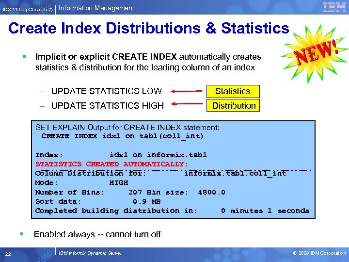 IDS 11. 50 ( Cheetah 2) Information Management Create Index Distributions & Statistics §