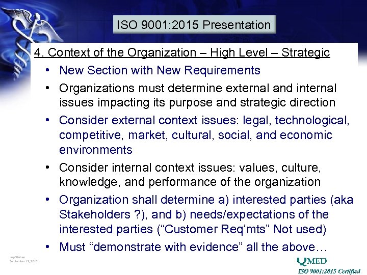 ISO 9001: 2015 Presentation 4. Context of the Organization – High Level – Strategic