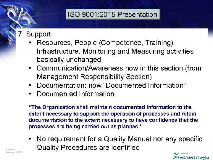 ISO 9001: 2015 Presentation 7. Support • Resources, People (Competence, Training), Infrastructure, Monitoring and