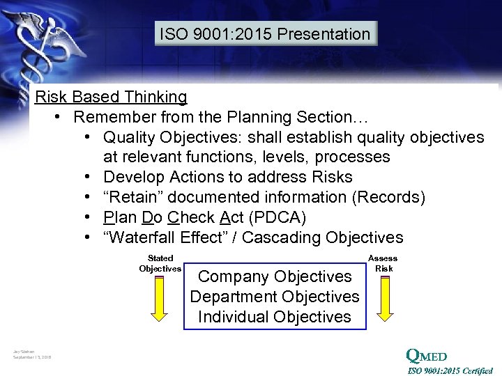 ISO 9001: 2015 Presentation Risk Based Thinking • Remember from the Planning Section… •