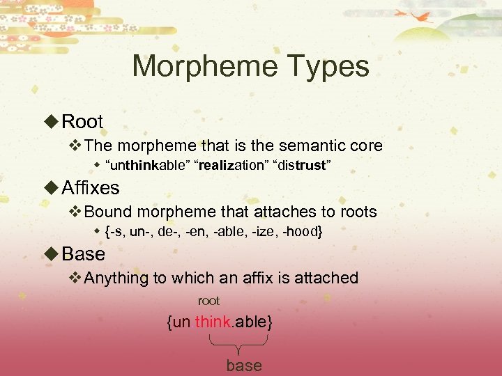 Morpheme Types u Root v. The morpheme that is the semantic core w “unthinkable”