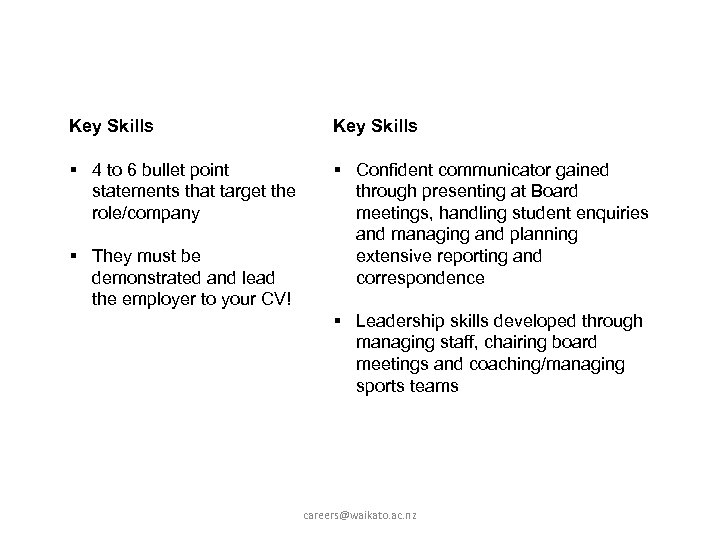 Key Skills § 4 to 6 bullet point statements that target the role/company §