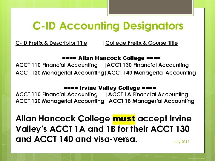 C-ID Accounting Designators C-ID Prefix & Descriptor Title |College Prefix & Course Title ====