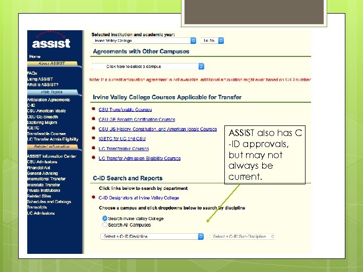 ASSIST also has C -ID approvals, but may not always be current. 