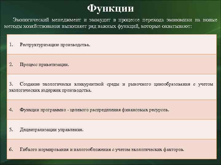 Функции Экологический менеджмент и экоаудит в процессе перехода экономики на новые методы хозяйствования выполняет