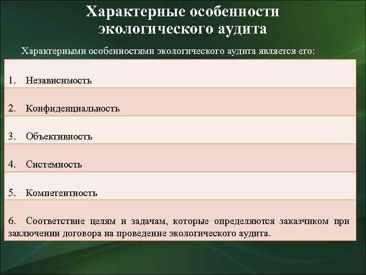 Характерные особенности экологического аудита Характерными особенностями экологического аудита является его: 1. Независимость 2. Конфиденциальность