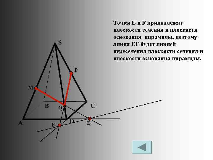 Точки Е и F принадлежат плоскости сечения и плоскости основания пирамиды, поэтому линия EF