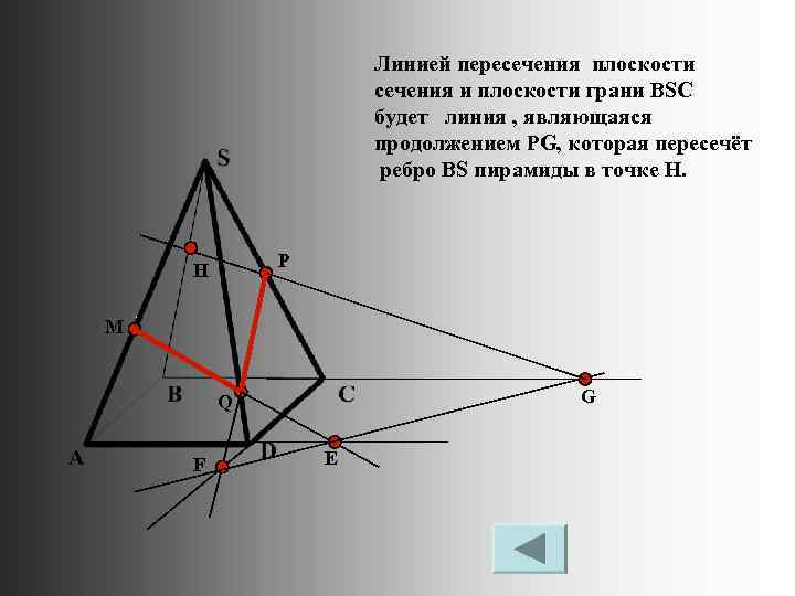 Линией пересечения плоскости сечения и плоскости грани BSC будет линия , являющаяся продолжением PG,