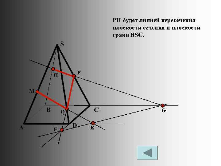 PH будет линией пересечения плоскости сечения и плоскости грани BSC. P H M G