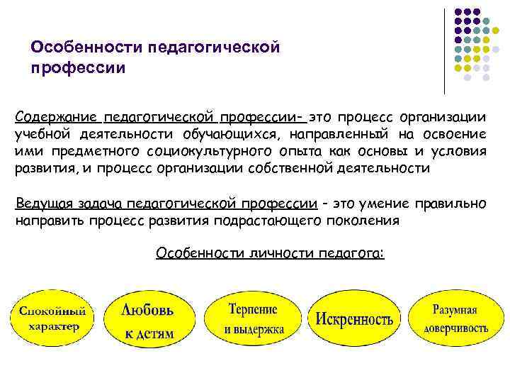 Особенности педагогической профессии Содержание педагогической профессии- это процесс организации учебной деятельности обучающихся, направленный на