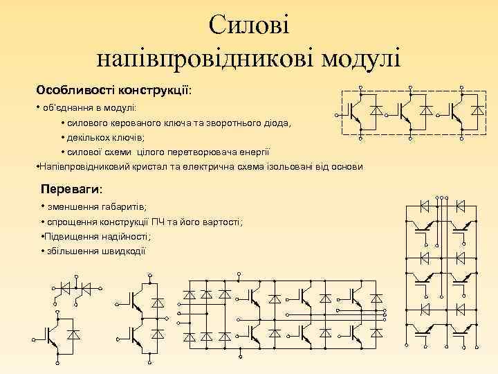 Силові напівпровідникові модулі Особливості конструкції: • об’єднання в модулі: • силового керованого ключа та