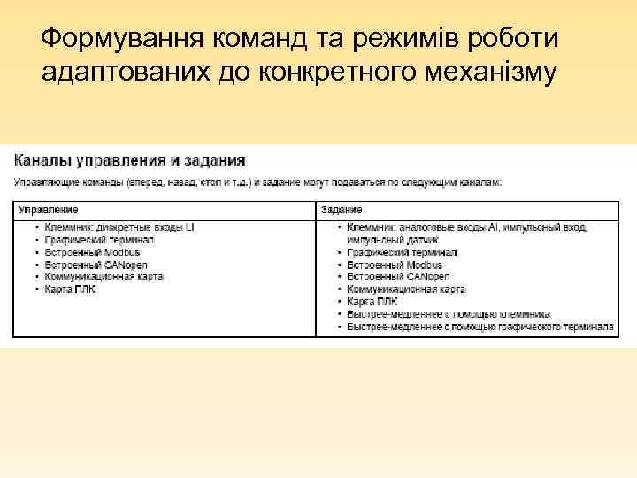 Формування команд та режимів роботи адаптованих до конкретного механізму 