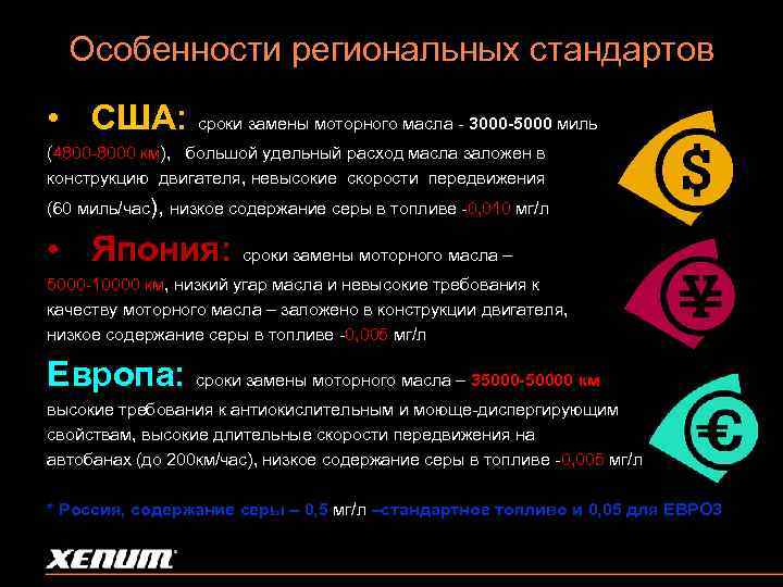 Особенности региональных стандартов • США: сроки замены моторного масла - 3000 -5000 миль (4800